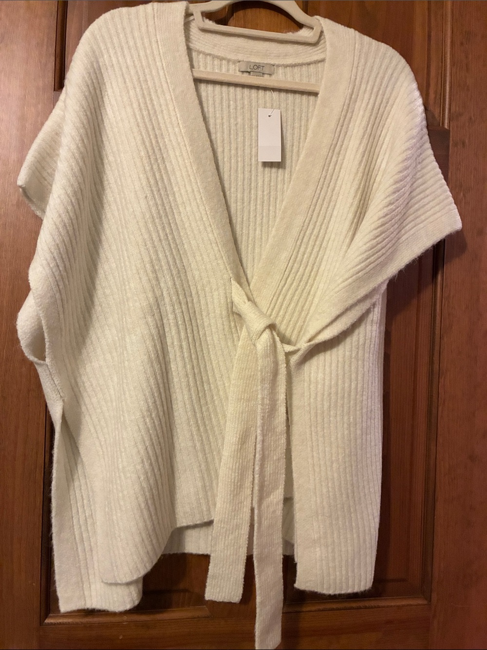 LOFT Ivory or Cream Ribbed Tie-Front Cardigan Sweater - Oversized